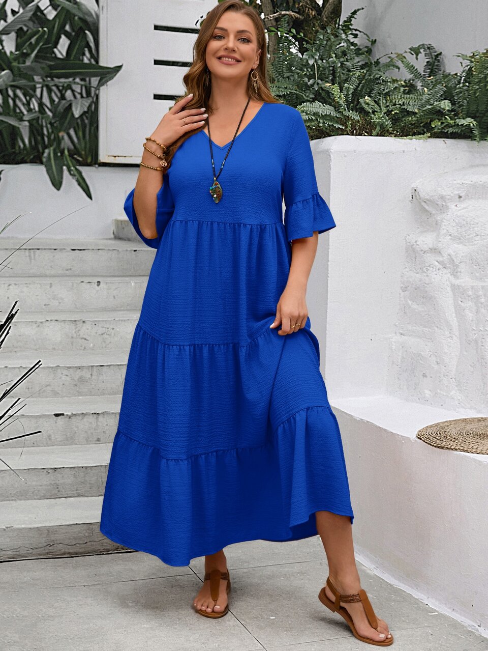 Plus Size Women's Royal Blue V-Neck Ruffle Short Sleeve Multi-Tiered Hem Long Boho Sexy Vacation Dress Summer Going Out Formal Beach Spring 2026