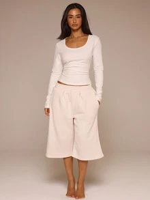 MUSERA ESSENTIALS 修身圓領長袖上衣 經典基本款 性感優雅 春夏度假休閒 秋季穿搭 - 白色 - 查看 2