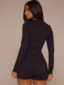 MUSERA ESSENTIALS Fitted Long Sleeve Soft Touch Mini Short Playsuit Classy Basic Sexy  Soft Touch Basics Spring Summer Elegant Vacation Holiday Festival Casual - Black - View 4