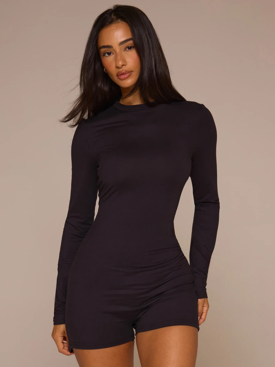 MUSERA ESSENTIALS Fitted Long Sleeve Soft Touch Mini Short Playsuit Classy Basic Sexy Soft Touch Basics Spring Summer Elegant Vacation Holiday Festival Casual - Black - View 1