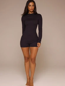 MUSERA ESSENTIALS Fitted Long Sleeve Soft Touch Mini Short Playsuit Classy Basic Sexy  Soft Touch Basics Spring Summer Elegant Vacation Holiday Festival Casual - Black - View 2