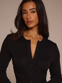 MUSERA ESSENTIALS Fitted Button Through Longsleeve Crewneck Pointelle Cardigan Top Only Spring Cute Daily Lounge Essential Summer Holiday Casual Office Elegant - Black - View 5