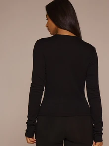 MUSERA ESSENTIALS Fitted Button Through Longsleeve Crewneck Pointelle Cardigan Top Only Spring Cute Daily Lounge Essential Summer Holiday Casual Office Elegant - Black - View 4