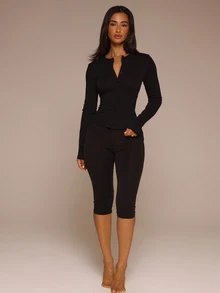 MUSERA ESSENTIALS Fitted Button Through Longsleeve Crewneck Pointelle Cardigan Top Only Spring Cute Daily Lounge Essential Summer Holiday Casual Office Elegant - Black - View 2