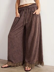 Bohemela Women's Vacation Casual Lace Patchwork Wide Leg Long Pants - Brown - View 4