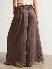 Bohemela Women's Vacation Casual Lace Patchwork Wide Leg Long Pants - Brown - View 7
