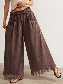 Bohemela Women's Vacation Casual Lace Patchwork Wide Leg Long Pants - Brown - View 2