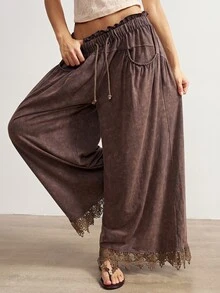 Bohemela Women's Vacation Casual Lace Patchwork Wide Leg Long Pants - Brown - View 1