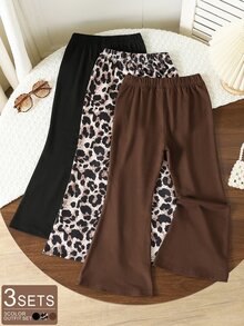 SHEIN Genkimix Kids 3件套女童喇叭裤套装【黑色+豹纹+棕色】，既可打造休闲风格，也可展现甜美酷感，新款少女弹力修身喇叭裤，适合春秋季外穿或秋冬季叠穿。 - 彩色 - 查看 2