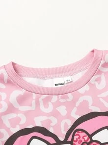 Maija Kids HELLO KITTY AND FRIENDS | SHEIN Maija Kids 兒童青少年女孩休閒 Y2K 風格可愛優雅細緻舒適寬鬆針織粉色與白色印花卡通圓領套頭秋季衛衣校園穿搭 - 粉色 - 查看 4