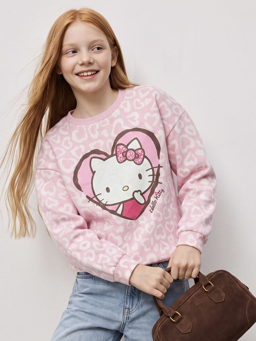 Maija Kids HELLO KITTY AND FRIENDS | SHEIN Maija Kids 兒童青少年女孩休閒 Y2K 風格可愛優雅細緻舒適寬鬆針織粉色與白色印花卡通圓領套頭秋季衛衣校園穿搭 - 粉色 - 查看 1