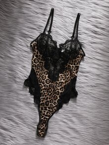 EmpressEnvy Leopard Print Contrast Lace Underwire Teddy Bodysuit Lingerie - Multicolor - View 4