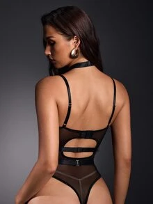 EmpressEnvy Women's Sexy PU Leather Contrast Lace Trim Strappy Lingerie Jumpsuit 2pcs Set - Black - View 3