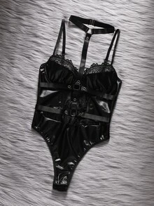 EmpressEnvy Women's Sexy PU Leather Contrast Lace Trim Strappy Lingerie Jumpsuit 2pcs Set - Black - View 7
