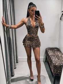 Amplova 女款 2 件組 性感前衛紮染掛脖上衣與超低腰裙套裝 - 棕色 - 查看 3