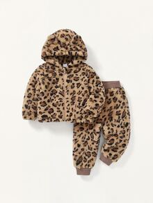 SHEIN Baby Girl Leopard Print Warm Hooded Autumn Jacket & Pants Winter Set - Brown - View 4