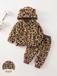 SHEIN Baby Girl Leopard Print Warm Hooded Autumn Jacket & Pants Winter Set - Brown - View 2
