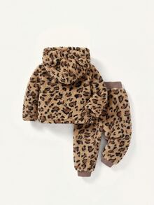 SHEIN Baby Girl Leopard Print Warm Hooded Autumn Jacket & Pants Winter Set - Brown - View 6