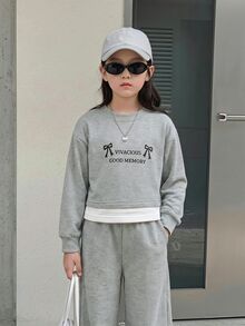 Genkimix Kids 女童2件套套裝，秋季風格蝴蝶結字母印花假兩件式運動衫與寬腿長褲套裝，休閒柔軟秋冬兒童運動服 - 灰色 - 查看 4