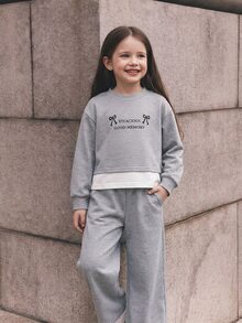 Genkimix Kids 女童2件套套裝，秋季風格蝴蝶結字母印花假兩件式運動衫與寬腿長褲套裝，休閒柔軟秋冬兒童運動服 - 灰色 - 查看 5