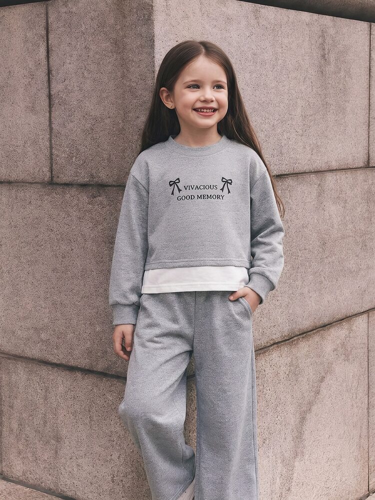 Genkimix Kids Young Girls 2pcs Outfit,Fall Style Bow Letter Print Mock Layer Sweatshirt & Wide Leg Pants Set, Casual Soft Winter Autumn Kids Tracksuit - Grey - View 5