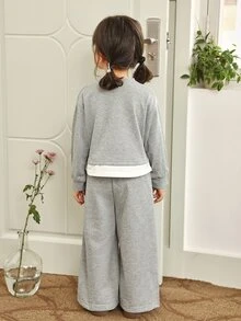 Genkimix Kids 女童2件套套裝，秋季風格蝴蝶結字母印花假兩件式運動衫與寬腿長褲套裝，休閒柔軟秋冬兒童運動服 - 灰色 - 查看 8
