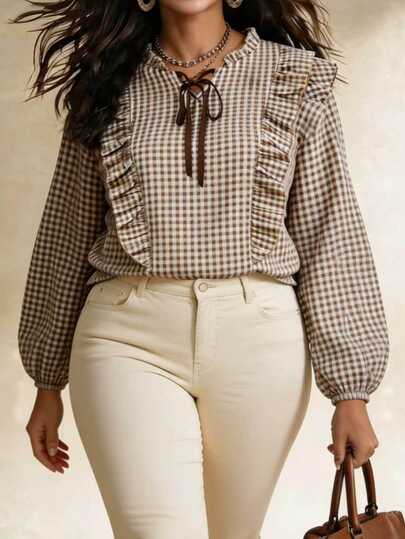 Nubod Blusa de talla grande para primavera/otoño, estilo vintage a cuadros, estilo campestre, romántica, inspirada en la moda francesa, cuello redondo, lazo delantero, cordón, patchwork en pecho y hombros, volantes, encaje, mangas abullonadas, manga larga