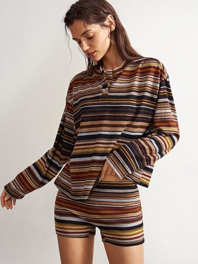 Bohemela Women's Striped Drop Shoulder Long Sleeve T-Shirt And Shorts Casual 2 Pieces Set