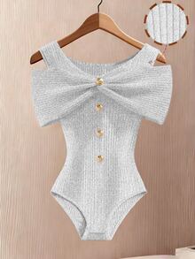 SHEIN Minimalist Solid Color Round Neck Pleated Decor Button-Up Sleeveless Fitted Elegant Slimming Women's Bodysuit Beach Brunch Going Out Outfit Summer - Grey - View 4