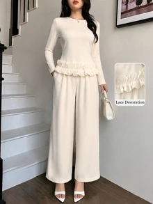 Modelyn White Neck Knitted Commuter Versatile Fresh Gentle Elegant Wavy Ruffle Hem Long Sleeve Top With Diagonal Pockets Straight Leg Pants Women 2 Pieces Set - Apricot - View 7
