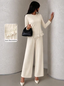 Modelyn White Neck Knitted Commuter Versatile Fresh Gentle Elegant Wavy Ruffle Hem Long Sleeve Top With Diagonal Pockets Straight Leg Pants Women 2 Pieces Set - Apricot - View 5