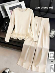 Modelyn White Neck Knitted Commuter Versatile Fresh Gentle Elegant Wavy Ruffle Hem Long Sleeve Top With Diagonal Pockets Straight Leg Pants Women 2 Pieces Set - Apricot - View 4