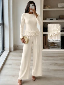 Modelyn White Neck Knitted Commuter Versatile Fresh Gentle Elegant Wavy Ruffle Hem Long Sleeve Top With Diagonal Pockets Straight Leg Pants Women 2 Pieces Set - Apricot - View 3