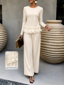 Modelyn White Neck Knitted Commuter Versatile Fresh Gentle Elegant Wavy Ruffle Hem Long Sleeve Top With Diagonal Pockets Straight Leg Pants Women 2 Pieces Set - Apricot - View 6