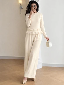 Modelyn White Neck Knitted Commuter Versatile Fresh Gentle Elegant Wavy Ruffle Hem Long Sleeve Top With Diagonal Pockets Straight Leg Pants Women 2 Pieces Set - Apricot - View 8