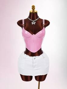 Amplova Women's Pink Low Cut PU Fitted Tank Top - Pink - View 6