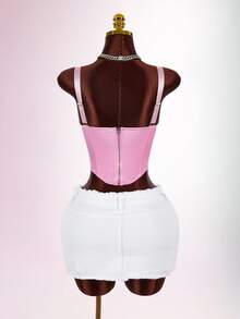 Amplova Women's Pink Low Cut PU Fitted Tank Top - Pink - View 9