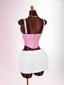 Amplova Women's Pink Low Cut PU Fitted Tank Top - Pink - View 14