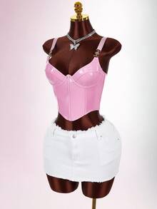 Amplova Women's Pink Low Cut PU Fitted Tank Top - Pink - View 8