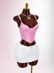 Amplova Women's Pink Low Cut PU Fitted Tank Top - Pink - View 11