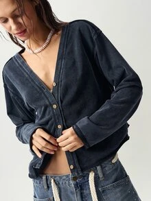 Bohemela Casual Solid Color Knit Women's T-Shirt - Black - View 2