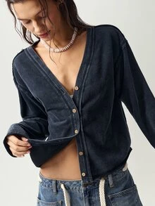 Bohemela Casual Solid Color Knit Women's T-Shirt - Black - View 5