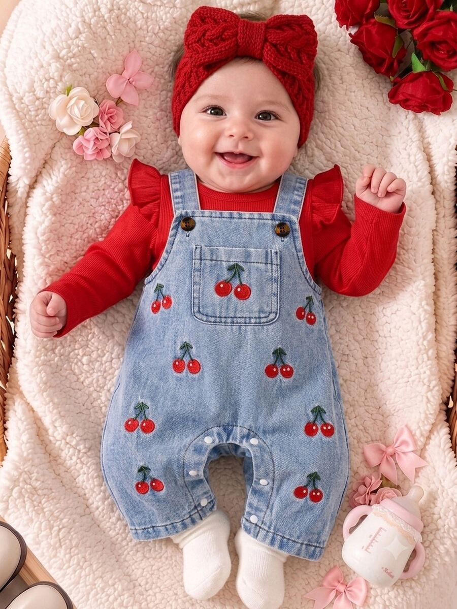 SHEIN Set Overall Denim Bordir Bunga Segar Gaya Korea 2pcs/Set untuk Bayi Perempuan, Kaos Lengan Panjang Bergaris Pink dengan Lengan Bergelombang, Bordir Indah, Kain Lembut, Ketebalan Standar, Set 2 Potong untuk Bayi dan Balita, Koleksi Musim Semi/Gugur Terbaru, Cocok untuk Pesta, Perayaan, dan Pakaian Sehari-hari, Usia 0-1 Tahun - Merah - View 1