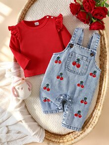 SHEIN Set Overall Denim Bordir Bunga Segar Gaya Korea 2pcs/Set untuk Bayi Perempuan, Kaos Lengan Panjang Bergaris Pink dengan Lengan Bergelombang, Bordir Indah, Kain Lembut, Ketebalan Standar, Set 2 Potong untuk Bayi dan Balita, Koleksi Musim Semi/Gugur Terbaru, Cocok untuk Pesta, Perayaan, dan Pakaian Sehari-hari, Usia 0-1 Tahun - Merah - View 3