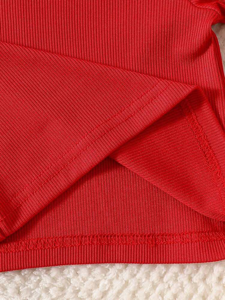 SHEIN 2件組韓式清新花卉刺繡牛仔吊帶褲套裝，粉色荷葉袖羅紋長袖T恤，精緻刺繡，柔軟面料，適中厚度，嬰兒幼兒2件套，春/秋新品，適合派對、慶祝、日常穿著，0-1歲 - 紅色 - 查看 7