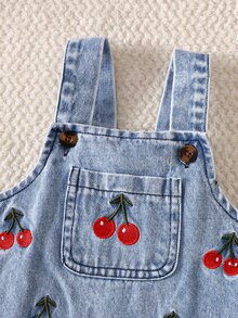 SHEIN Set Overall Denim Bordir Bunga Segar Gaya Korea 2pcs/Set untuk Bayi Perempuan, Kaos Lengan Panjang Bergaris Pink dengan Lengan Bergelombang, Bordir Indah, Kain Lembut, Ketebalan Standar, Set 2 Potong untuk Bayi dan Balita, Koleksi Musim Semi/Gugur Terbaru, Cocok untuk Pesta, Perayaan, dan Pakaian Sehari-hari, Usia 0-1 Tahun - Merah - View 6