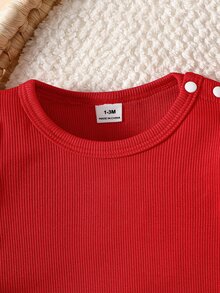 SHEIN Set Overall Denim Bordir Bunga Segar Gaya Korea 2pcs/Set untuk Bayi Perempuan, Kaos Lengan Panjang Bergaris Pink dengan Lengan Bergelombang, Bordir Indah, Kain Lembut, Ketebalan Standar, Set 2 Potong untuk Bayi dan Balita, Koleksi Musim Semi/Gugur Terbaru, Cocok untuk Pesta, Perayaan, dan Pakaian Sehari-hari, Usia 0-1 Tahun - Merah - View 5