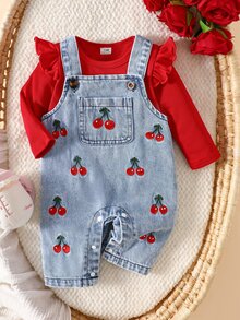 SHEIN Set Overall Denim Bordir Bunga Segar Gaya Korea 2pcs/Set untuk Bayi Perempuan, Kaos Lengan Panjang Bergaris Pink dengan Lengan Bergelombang, Bordir Indah, Kain Lembut, Ketebalan Standar, Set 2 Potong untuk Bayi dan Balita, Koleksi Musim Semi/Gugur Terbaru, Cocok untuk Pesta, Perayaan, dan Pakaian Sehari-hari, Usia 0-1 Tahun - Merah - View 4