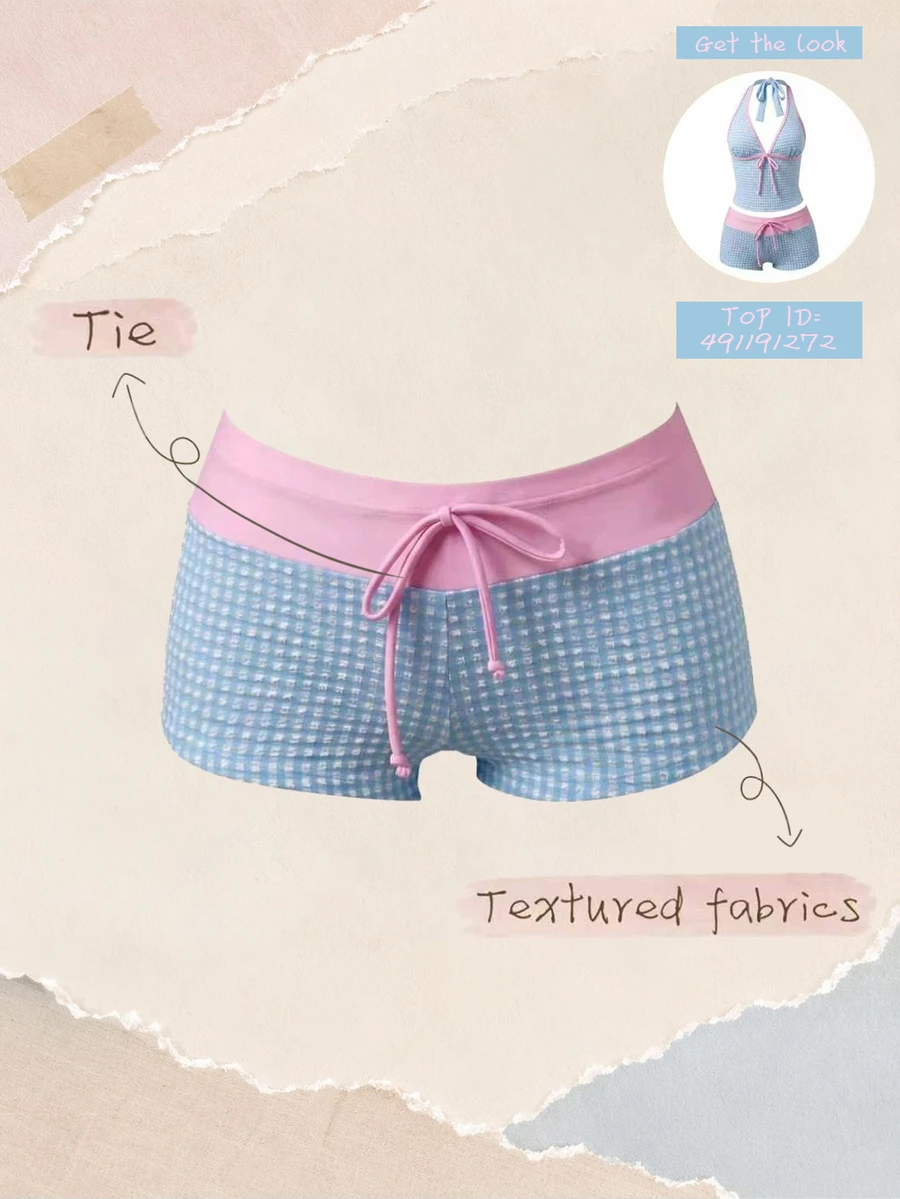 SHEIN Swim 女款夏季/秋季優雅可愛格紋布料高腰泳褲下身(不含上衣)泳池派對海灘度假 - 彩色 - 查看 1