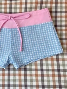 SHEIN Swim 女款夏季/秋季優雅可愛格紋布料高腰泳褲下身（不含上衣）泳池派對海灘度假 - 彩色 - 查看 6